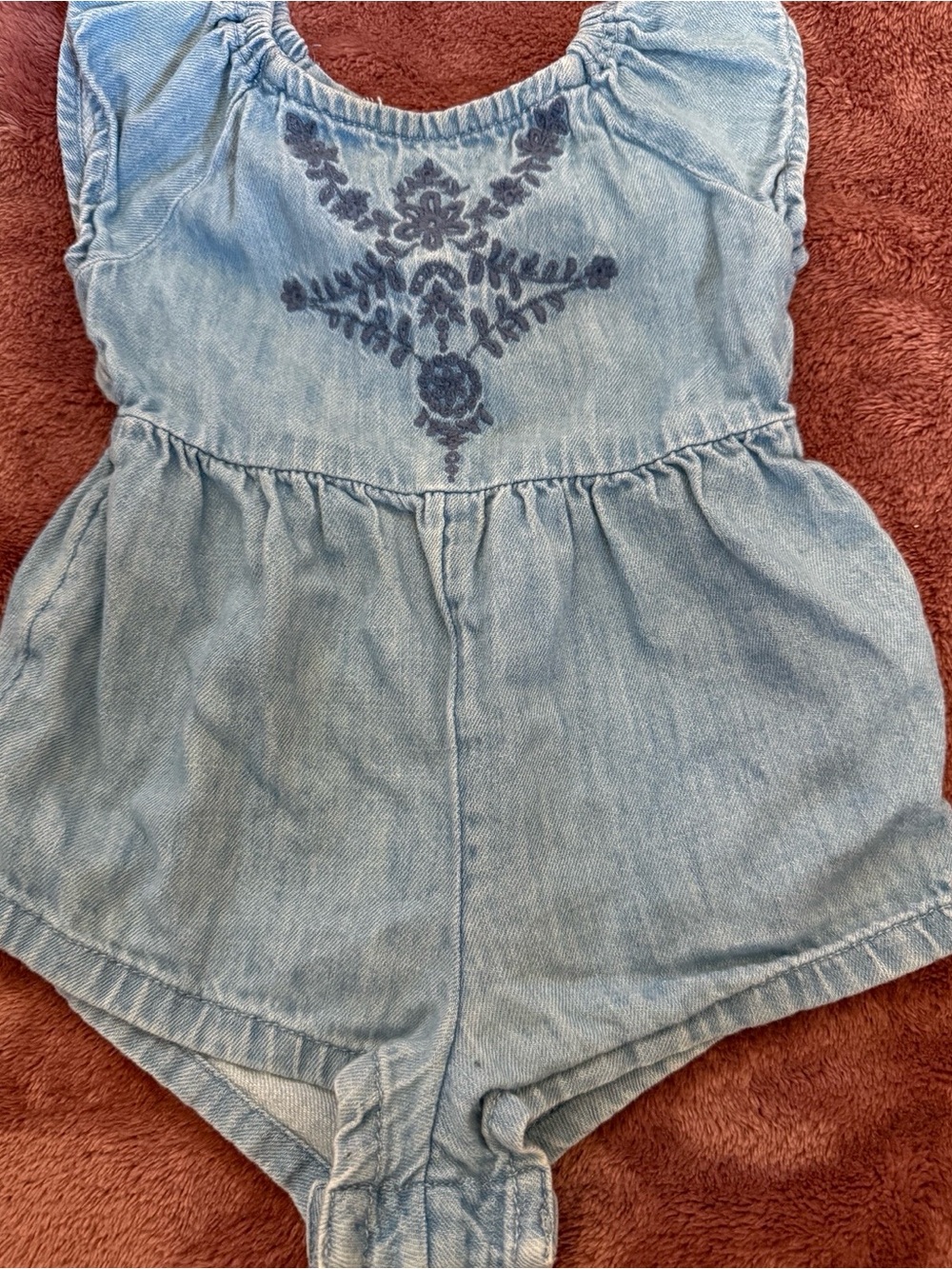 Light Wash Denim Baby Romper with Navy Embroidery